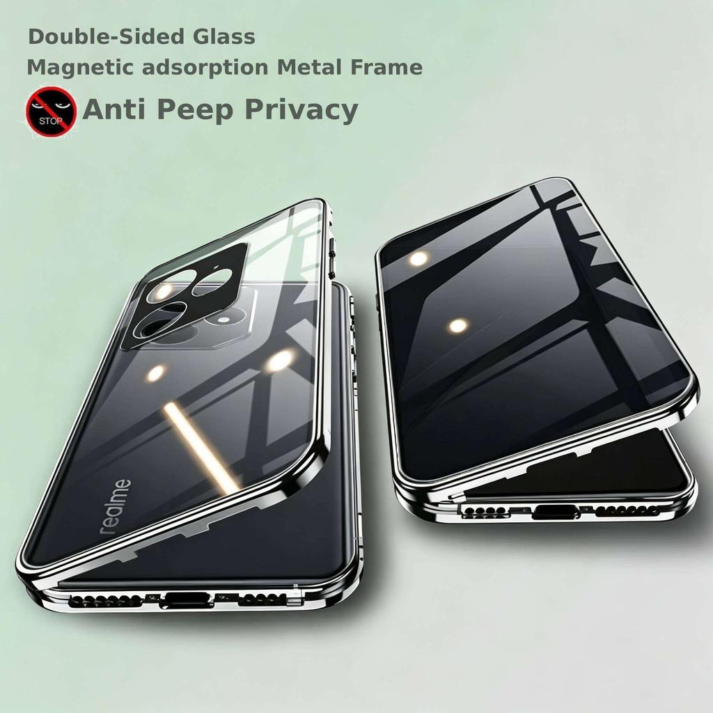 Funda Antiespionaje para realme GT6 GT7 Pro Neo6 Neo7, Cristal Templado de Doble Cara, Marco de Metal con Protector de Lente, Parachoques para Teléfono