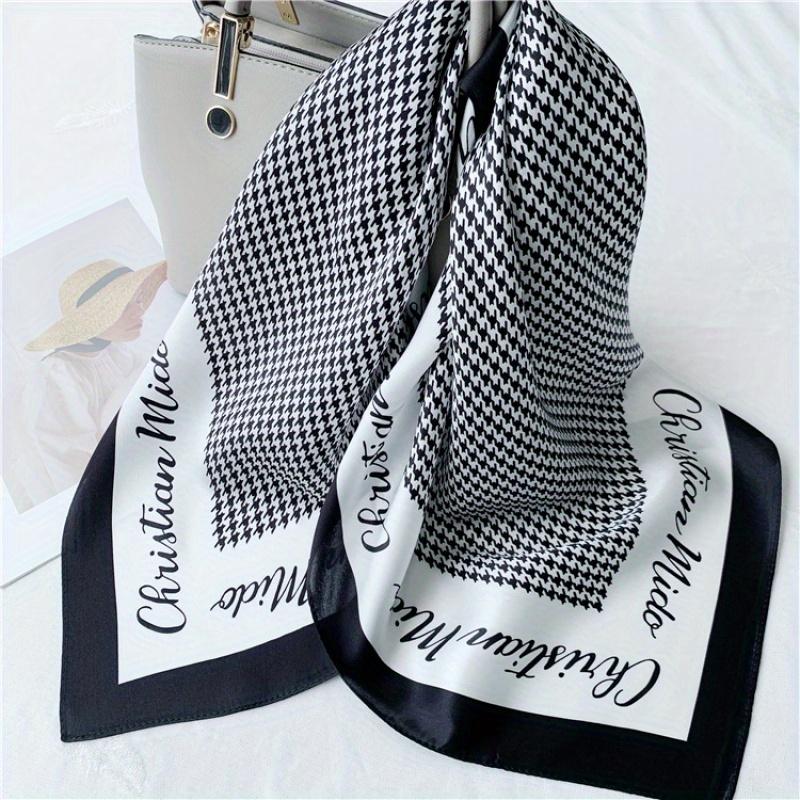 

26.77 Black White Houndstooth Letter Square Scarf Thin Satin Shawl Elegant Style Sunscreen Headscarf For Women 70x70cm