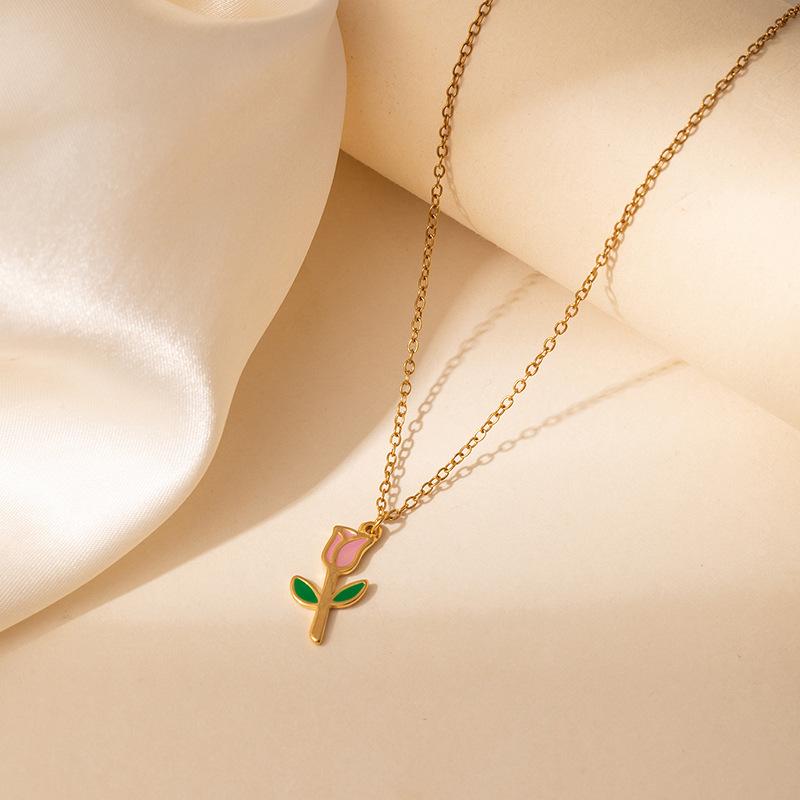 Elegant Titanium Steel Pink Cherry Blossom Necklace with Colorful Drip Glaze Rose Flower, Versatile Women's Clavicle Chain