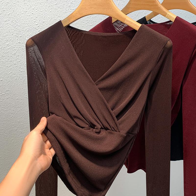 Cross V-neck Mesh Base Shirt for Women In Spring and Autumn New Tight Long-sleeved T-shirt for Women In Women's Unique Waist-hugging Shirt