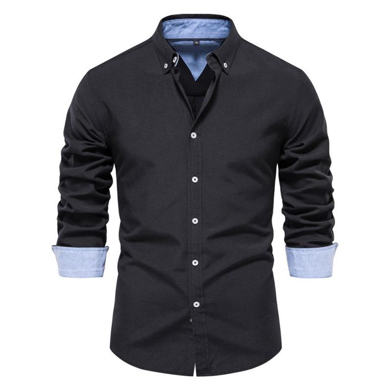 Men's Long Sleeve Button-Up Shirt, Cotton Blend Color Block Collared Shirt, Breathable Wrinkle-Free Casual Top