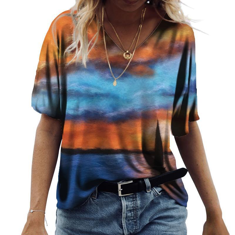 Women's Floral Print T-Shirt V Neck Short Sleeve Loose Casual Summer Top