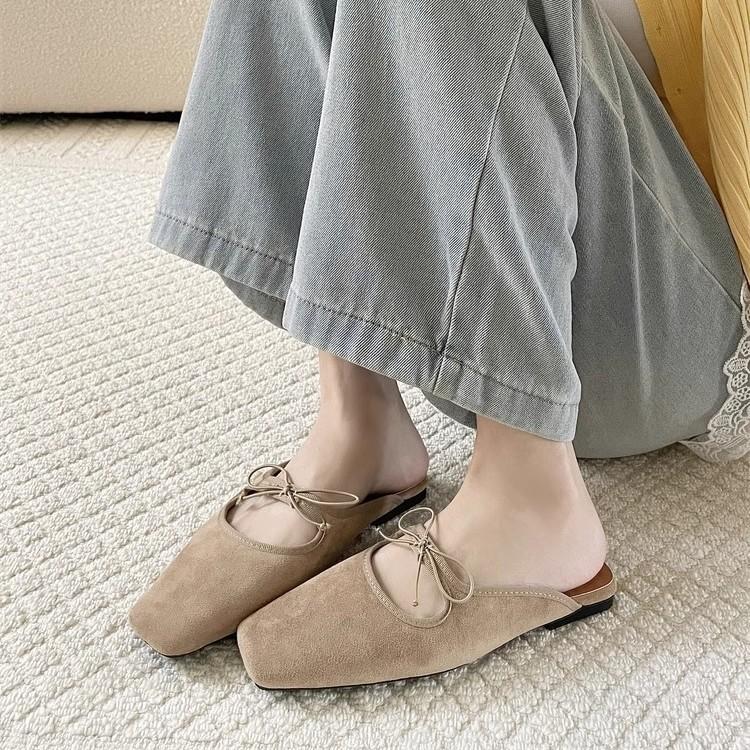 Flat Bow Mary Jane Sandals 2025 Spring/summer New Korean Version Soft Sole Velvet Toe Half Slippers for Women To Wear