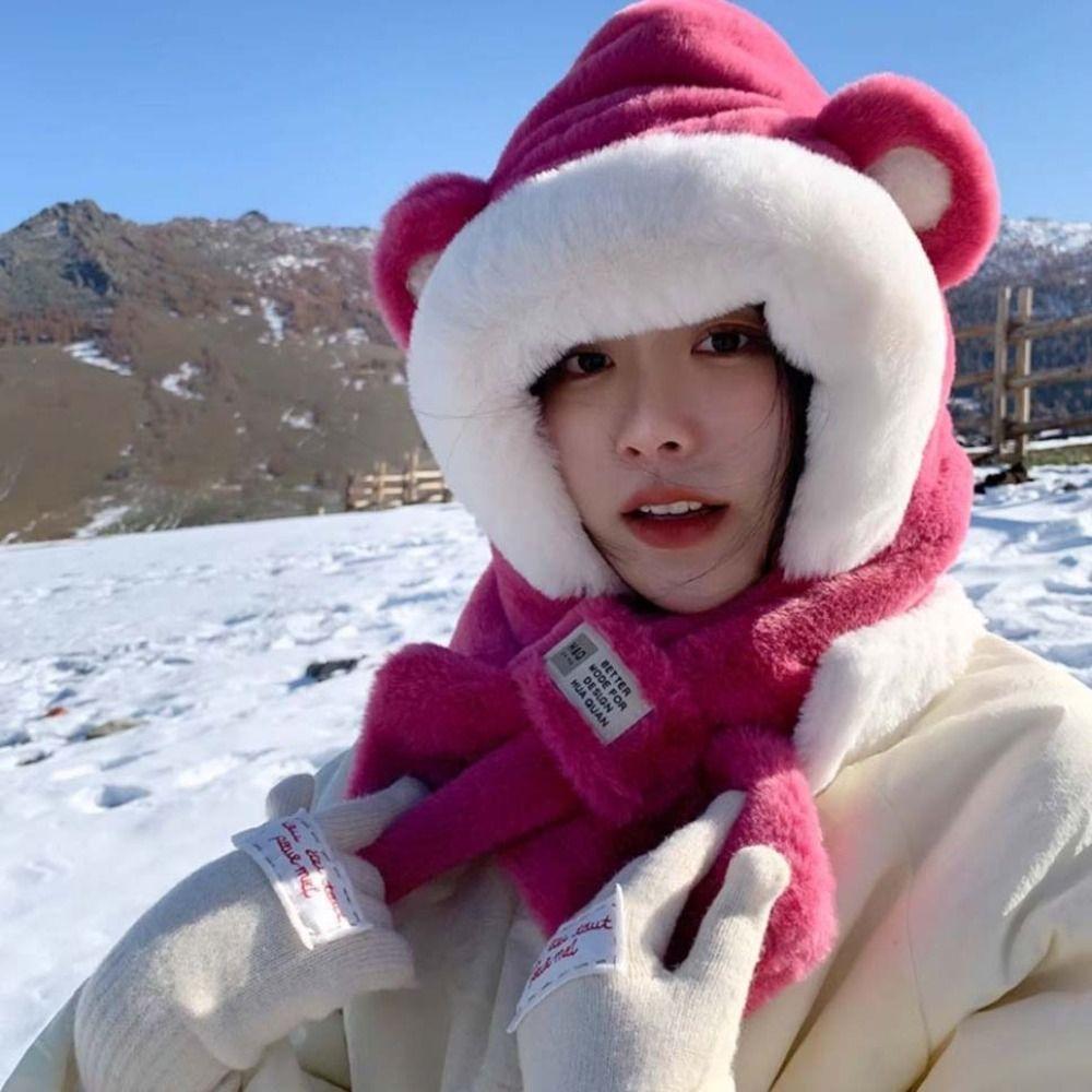Cute Fluffy Hats Glove Sets Lei Feng Hat Plush Bear Hat Winter Earmuffs  Cold Weather