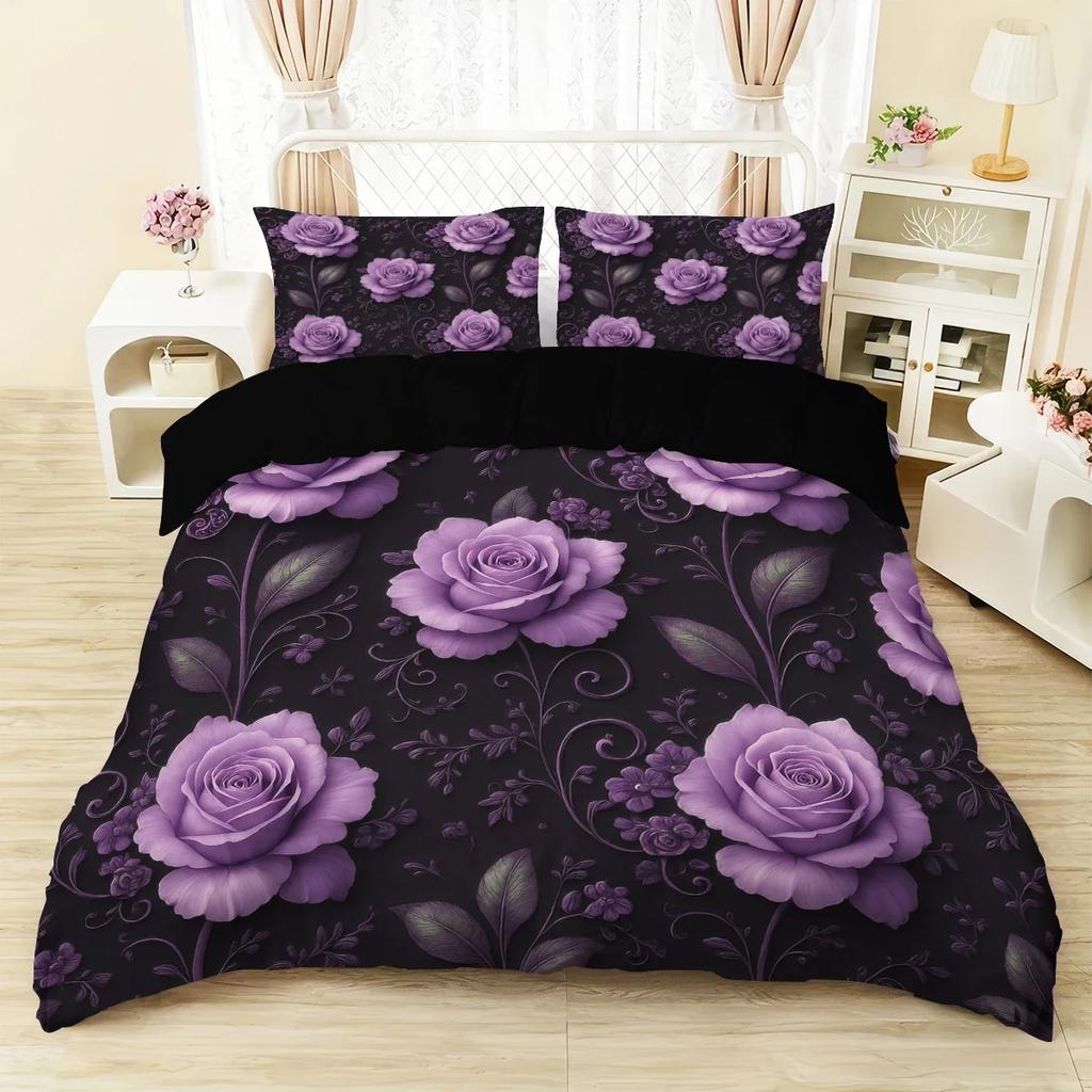 3Pcs Purple Rose Heart Patterned Duvet Cover Set 1 Duvet Cover+2 Pillowcases Coreless. Soft And Comfortable Bedding Set