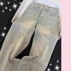 Damen High Waist Hellblaue Weite Hosen Lockerer Schnitt Mit Strasssteinen verziertes Denim-Hosen Elegante Pendler Casual Hosen