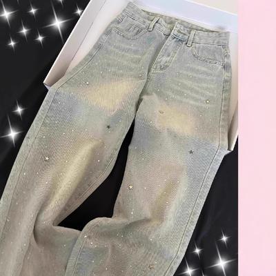 Women's High Waist Light Blue Wide Leg Jeans Loose Fit Star Rhinestone Embellished Denim Pants Elegant Commuter Casual Trousers