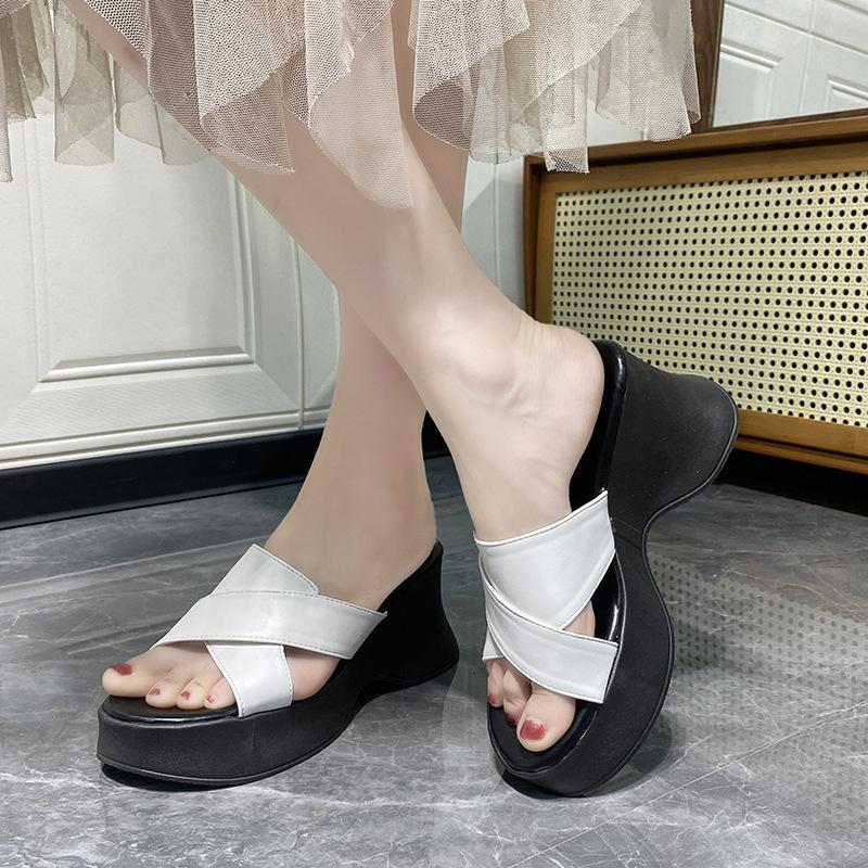 Platform Thick-soled Anti-slip High-heeled Cool Slippers for Women, Soft Leather Shoes