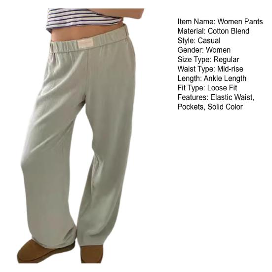 Women Casual Long Pants Elastic Waist Mid-rise Trousers Solid Color Wide Leg Loose Fit Pants