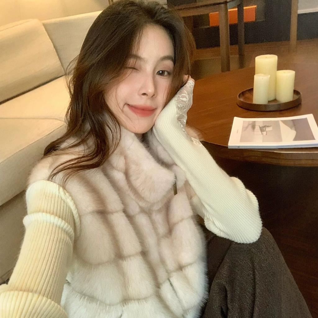 Stand-up Collar Fur Integrated Imitation Fur Short Vest Women's Winter Warm Sleeveless Mink Fleece Fur Jacket