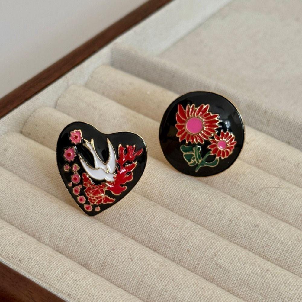 Schöner Luxus Retro Tropfölring Vintage Herz Emaille Ring Schwalbe Blume Klobiger Ring Dekoration