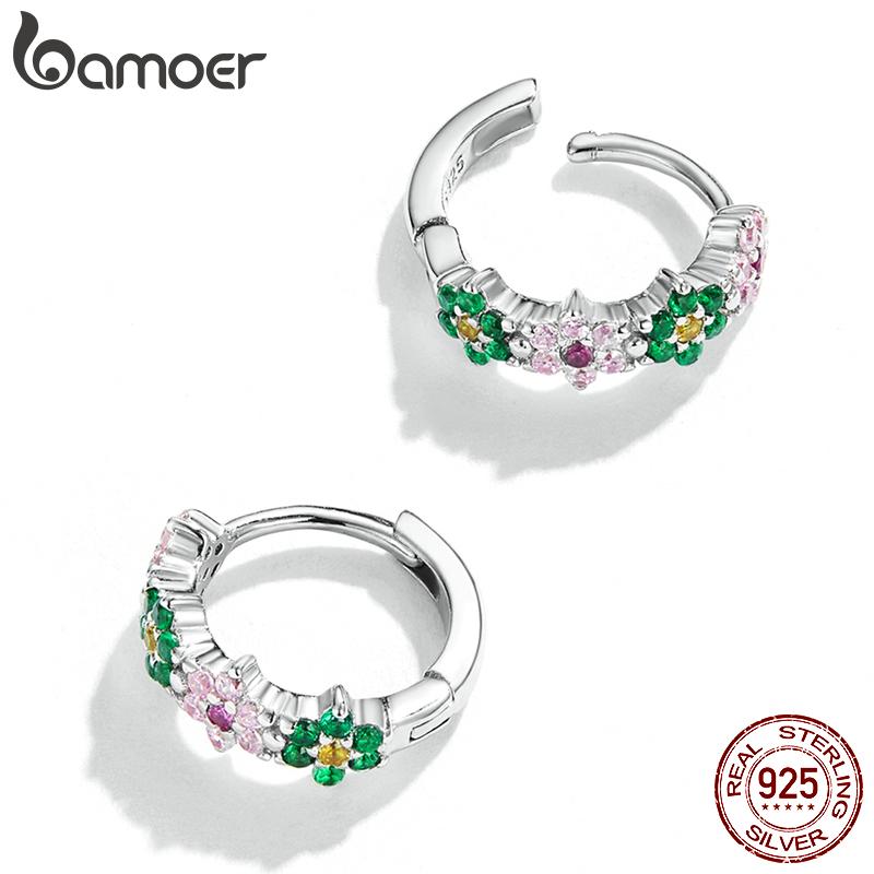 BAMOER 925 Sterling Silver Delicate Shining Pink Zircon Flowers Earrings for Women Fashion Jewelry