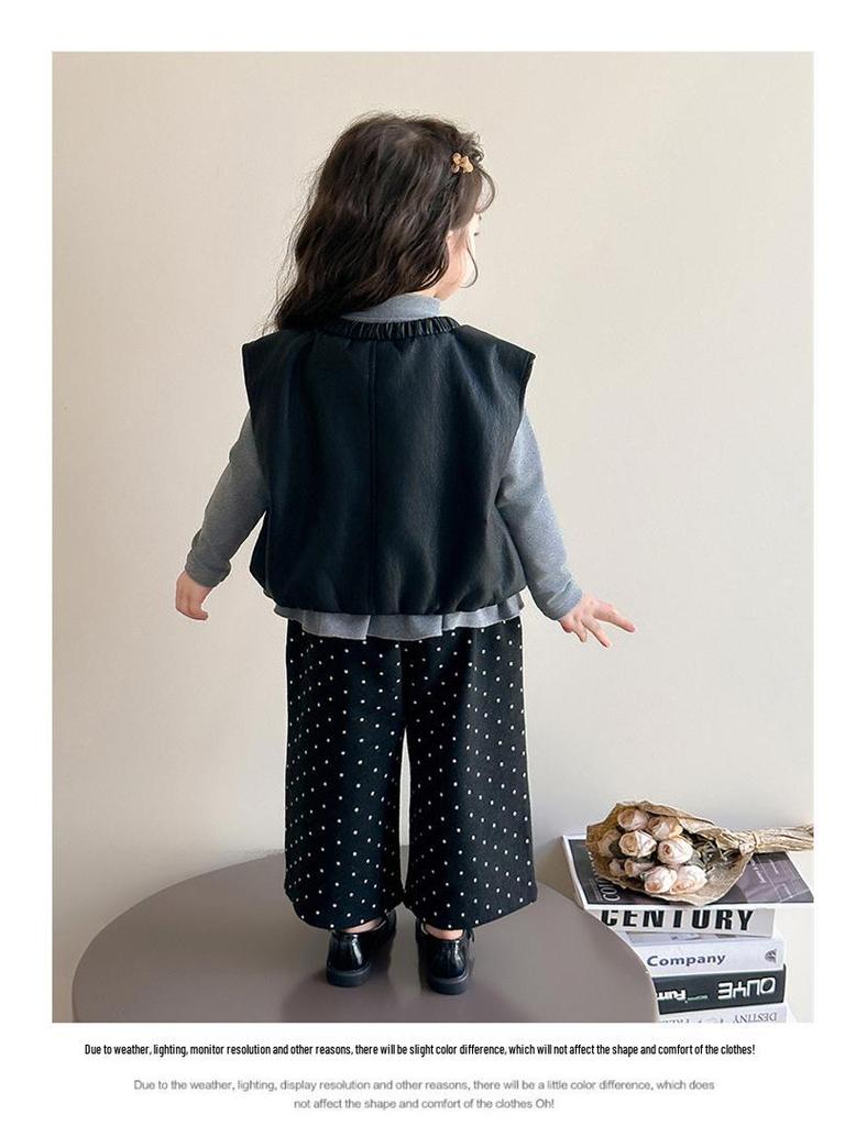 Jesień 2025 Zestaw Mody Dziewczęcej: Zestaw Trzyczęściowy Koszulka Bazowa w Stylu Koreańskim i Skórzana Kamizelka