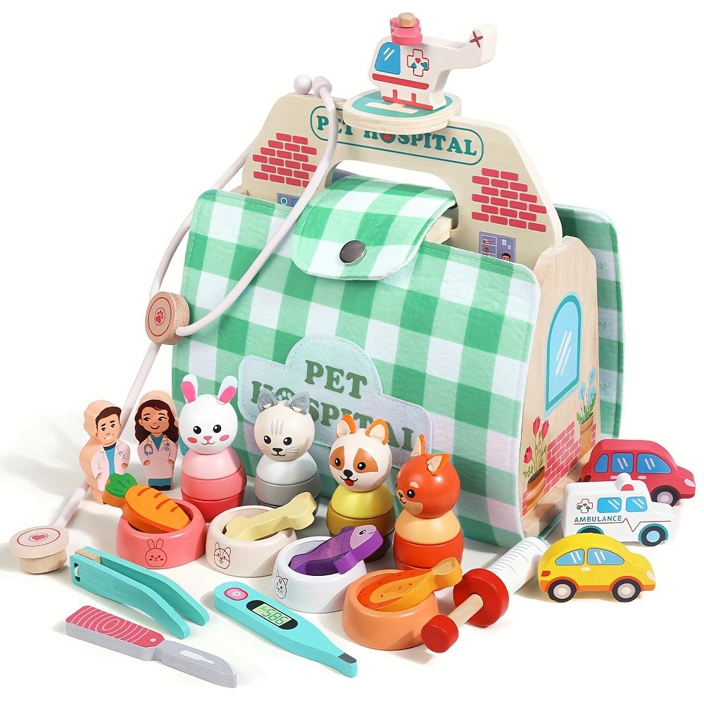Wooden Pet Vet Hospital Play Sets with Carrying Bag Doctor Kit for Toddlers Pretend Play Animal Toy Gift for Kids Boys Girls