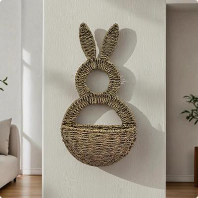 Hare Wall Hanging Basket Handwoven with Ears Handmade for Nursery, Entryway, Balcony