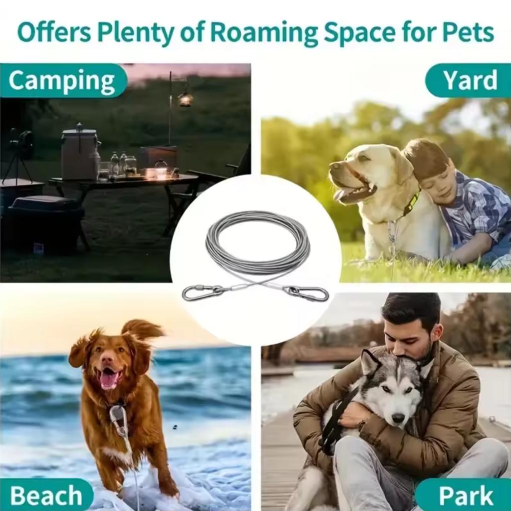 4.6m/9m/15m Double Leashes Stainless Steel Dog Tie Strap Cable Leash Raction Rope with Metal Buckle Steel Wire Collar Outdoor