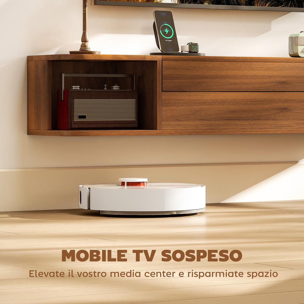 Wall-Mounted TV Cabinet for TVs Up To 50" with Power Outlets, USB and Type C, Drawer and Shelves, 120x24x22.4 Cm, Walnut