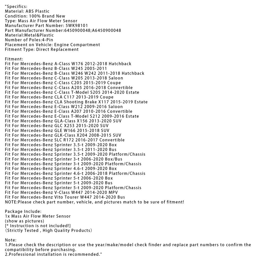 Mass Air Flow Meter Sensor For Mercedes-Benz W205 W176 GLC X253 5WK98101