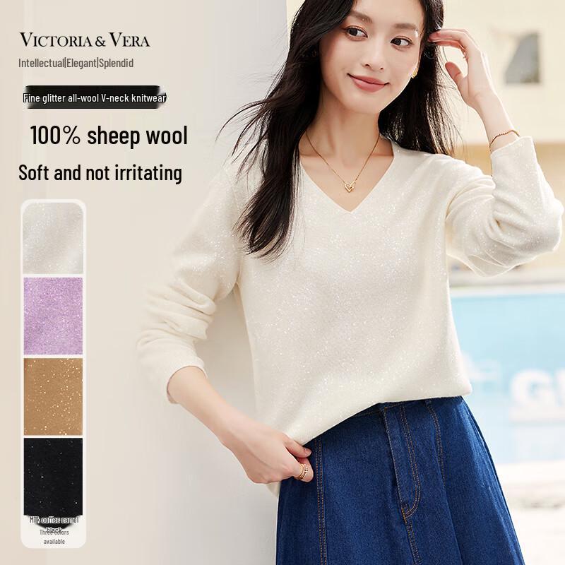 VICTORIA&VERA Women's 100% Wool Shimmer V-Neck Knit Sweater