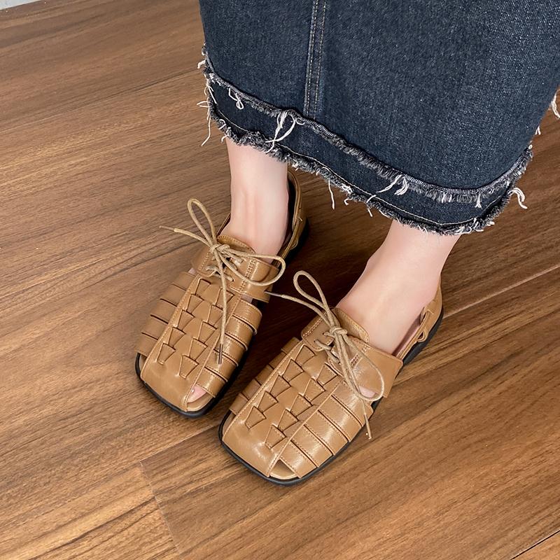 Fashion Flat Shoes Summer New Square Head Open Toe Hollow Front Lacing Soft Sole Anti-slip Wear-resistant Low-top Shoes