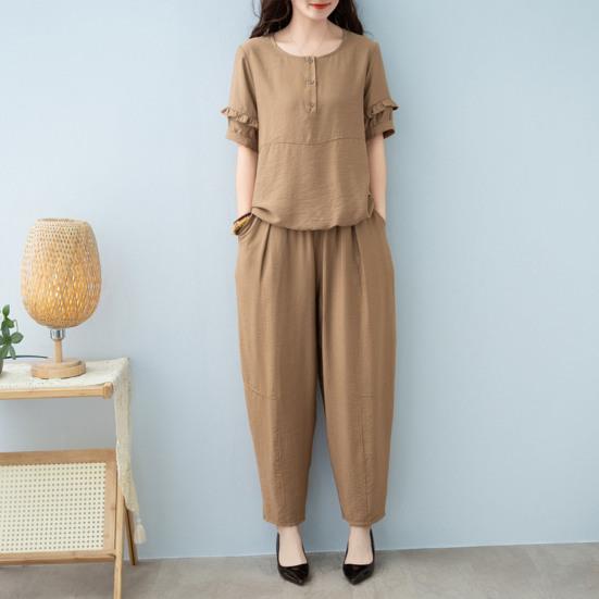 Women's Cotton Linen 2-Piece Outfit Casual Short Sleeve Crew Neck Top And Long Pants