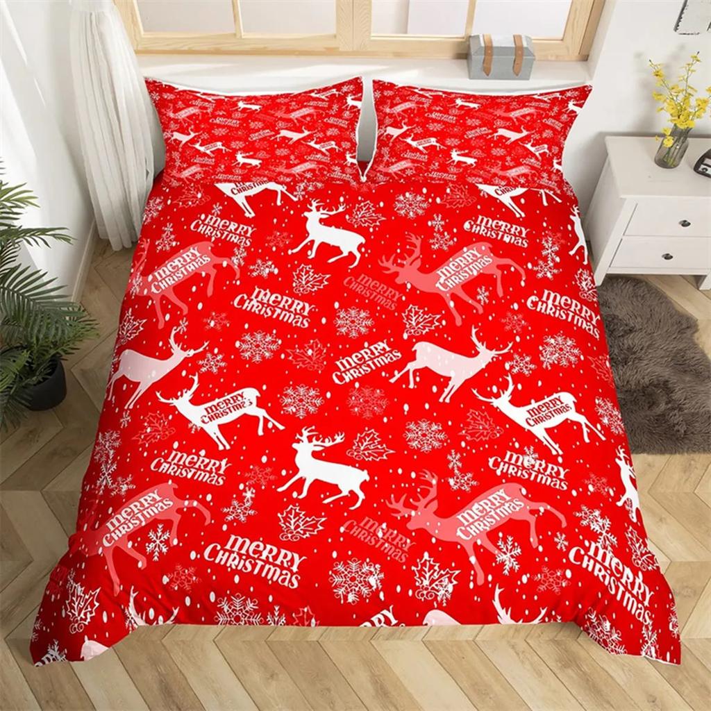 Merry Christmas Duvet Cover Happy New Year Microfiber Xmas Deer Elk Bedroom Decoration for Boys Girls Golden Bow Holiday Gifts