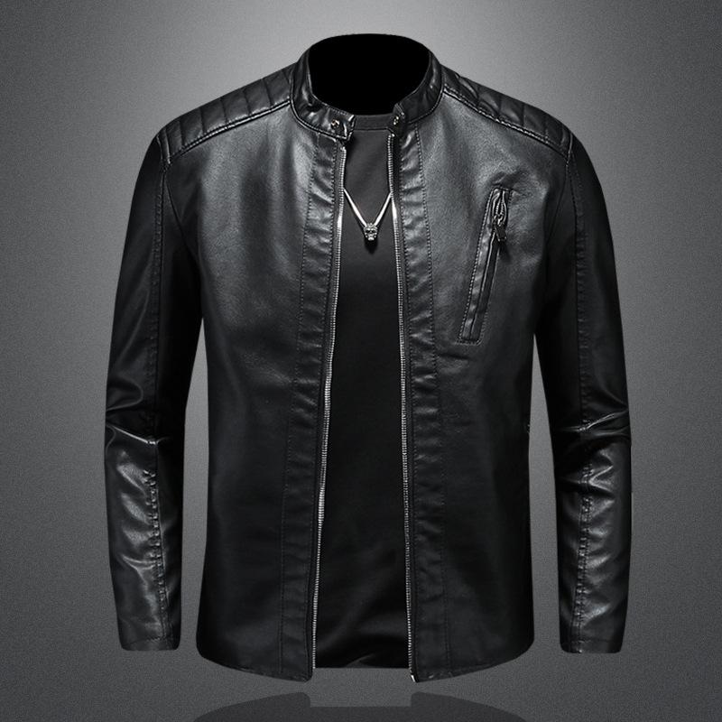 

Men Leather Jackets Size Plus Casual Jacket Fashion Motorcycle PU Zipper Basic Windproof Winter Coat Stand Collar Slim New 5XL чорний