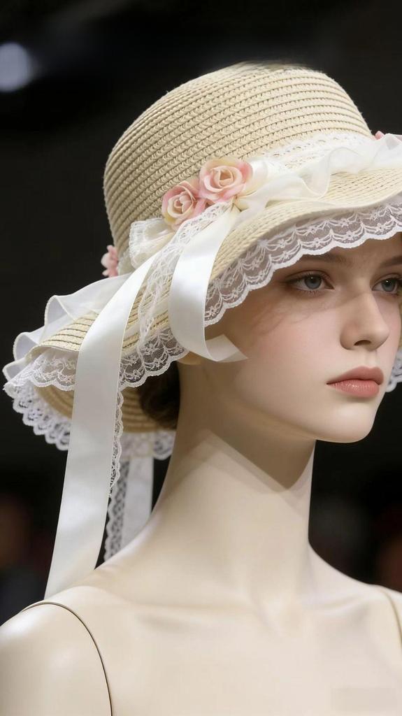 Summer Straw Hat With Lace Bow And Wide Brim For Sun Protection And Beach Vacation