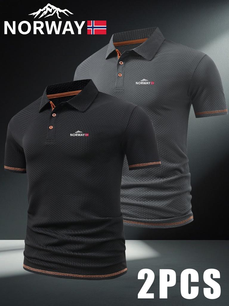 2pcs NORWAY Patterned Men's Polo Shirts - Short-Sleeved & Color-Blocking, Men's Business Casual T Shirts Breathable for Spring And Summer