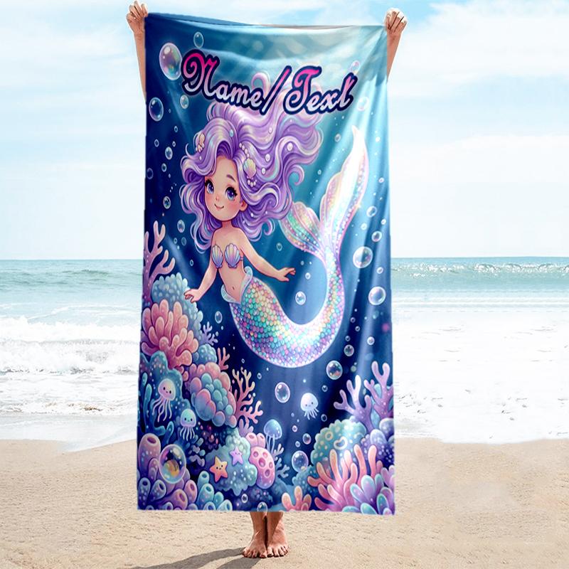 1PC Custom Name Mermaid Fantasy Underwater World Beach Towel Highly Absorbent And Sand-Resistant Towel for Swimming, Pool, Yoga, And Travel Lightweigh