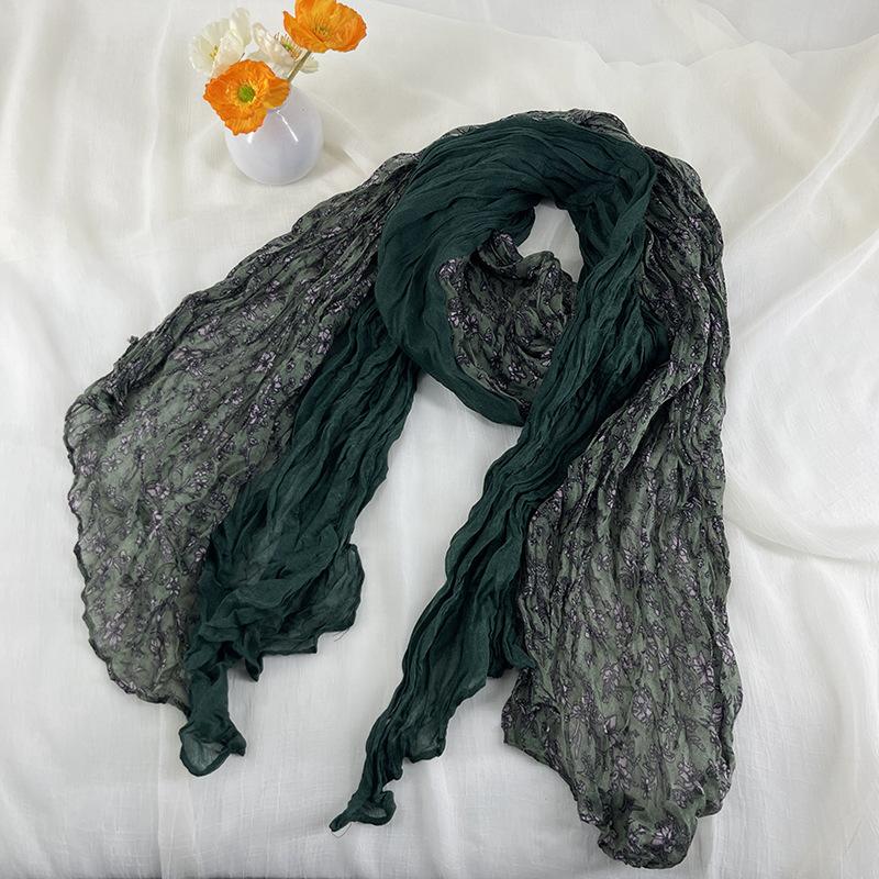 Ethnic Style Pleated Floral Long Scarf Women Korean Retro Thin Shawl Fashionable Temperament Color Blocked Silk