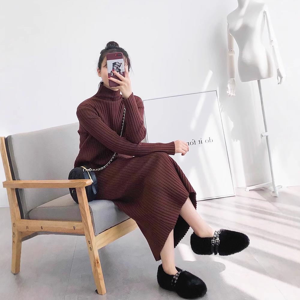 

Women s Black Knit Midi Dress - Over-the-Knee, Half-High Neck, Loose Fit, Ideal for Autumn/Winter. Large