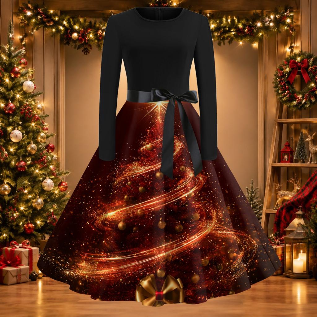 Women's Casual Fashion Christmas Print Round Neck Vintage Dress for Holiday Parties