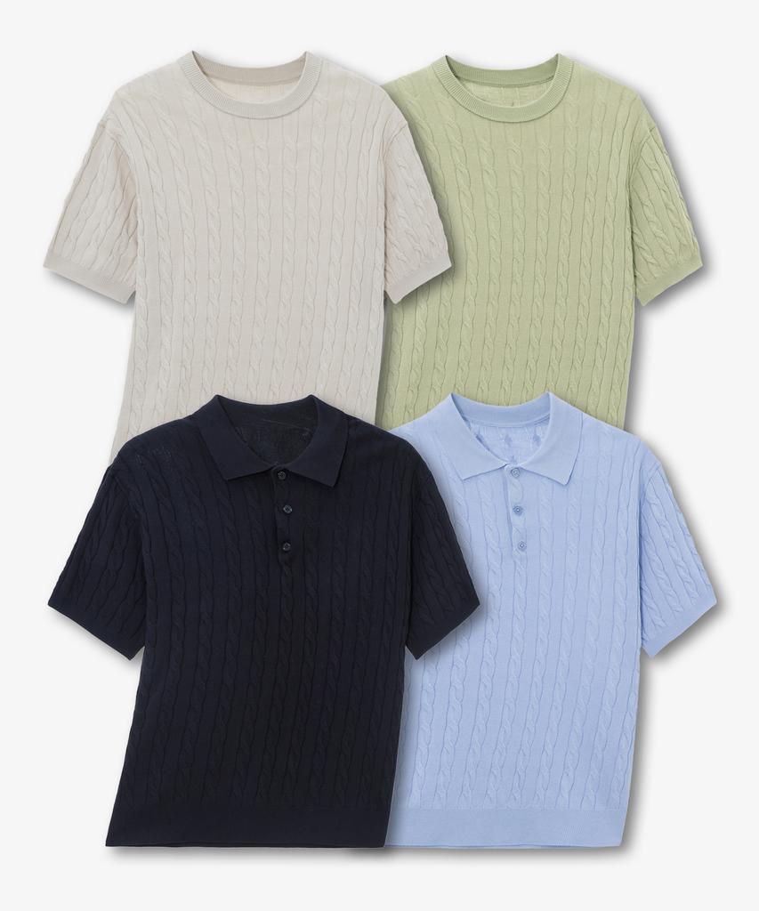 MINDBRIDGE [Set][On][Select Collar Or Round Neck] Linen-Like Cable Oversized Short Sleeve Knit - 6 Colors (Type A)