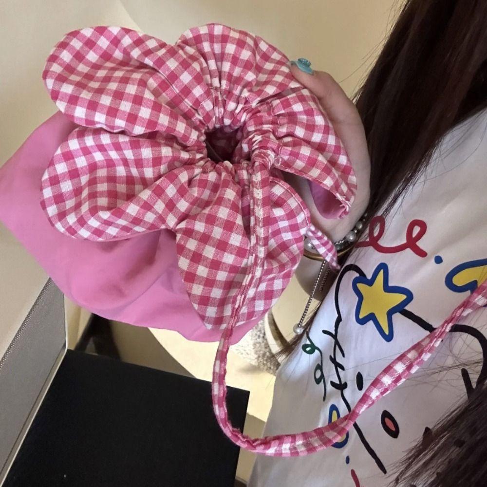 Plaid Flower Drawstring Bag Cute Ins Shoulder Bag Casual Small Crossbody Bag  Vacation