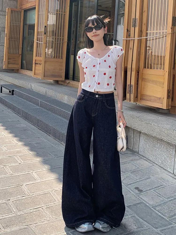 

Женские джинсы с высокой посадкой, темно-синие, винтажные, широкие от бедра - Лето 2025, свободный крой, длина в пол S темно-синий