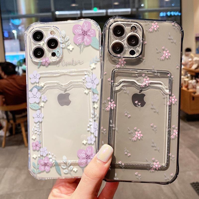 

Мягкий чехол-держатель для карт, чехол для телефона для iPhone 13 11 15 12 14 16 Pro Max 16e XR 8 7 Plus SE, эстетичный прозрачный чехол с цветами For iPhone XS Max