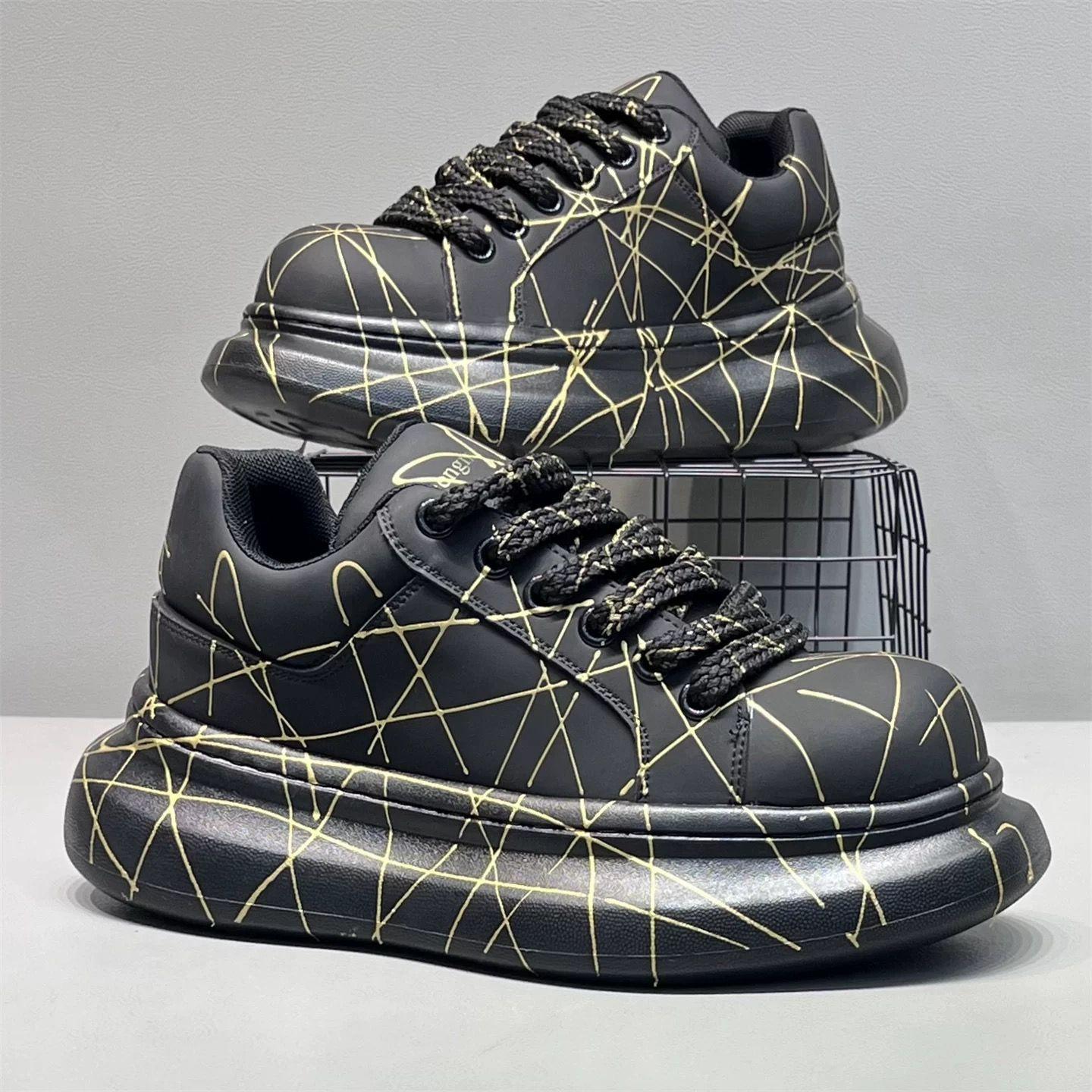 

Универсальные мужские платформенные вулканизированные туфли Роскошный бренд Амортизирующие Износостойкие Кроссовки Противоскользящие Увеличенные Повседневные Туфли для Ходьбы 39 чёрный