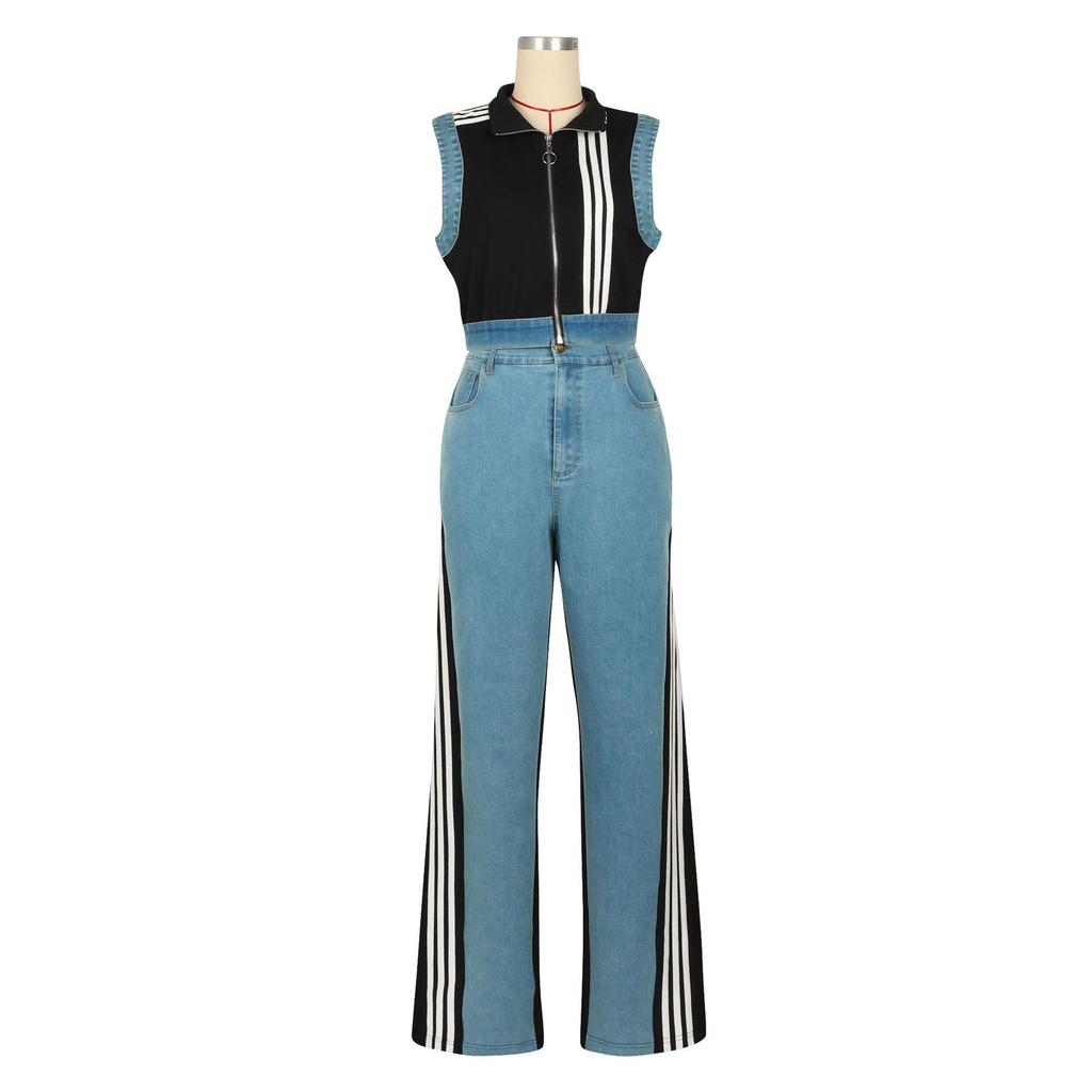 European and American Women's Sleeveless Patchwork Striped Jeans Two-piece Set - Summer Collection
