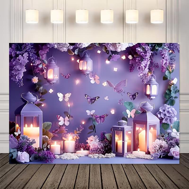 2D Printed Backdrop with Purple Lanterns, Candles, Butterflies and Wisteria Flowers