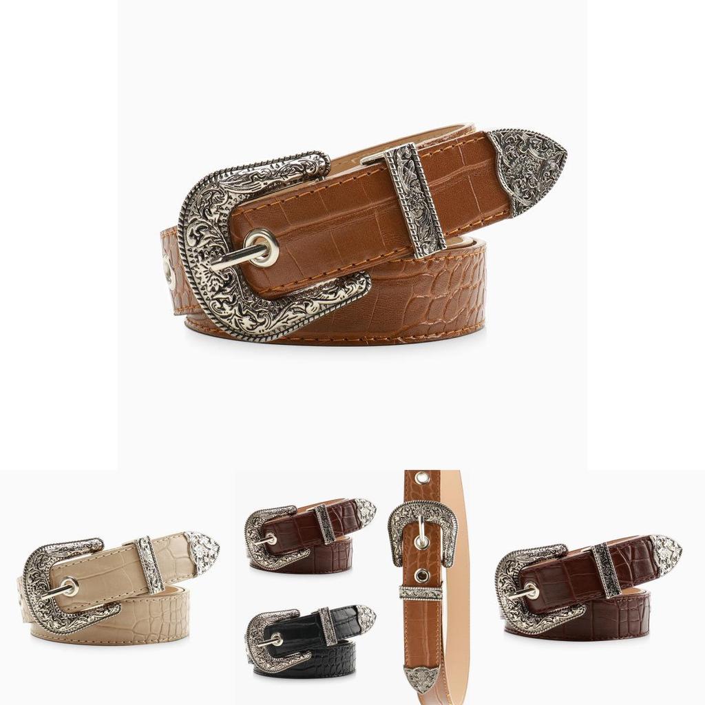 Womens Retro Alloy Belt Set With Embossed Buckle For Casual And Office Wear