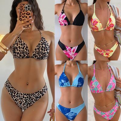 2026 Nuovo Bikini Europeo e Americano Stampato Stampa Leopardo Spallina Triangolare Sexy Bikini Costume da Bagno Diviso Donna