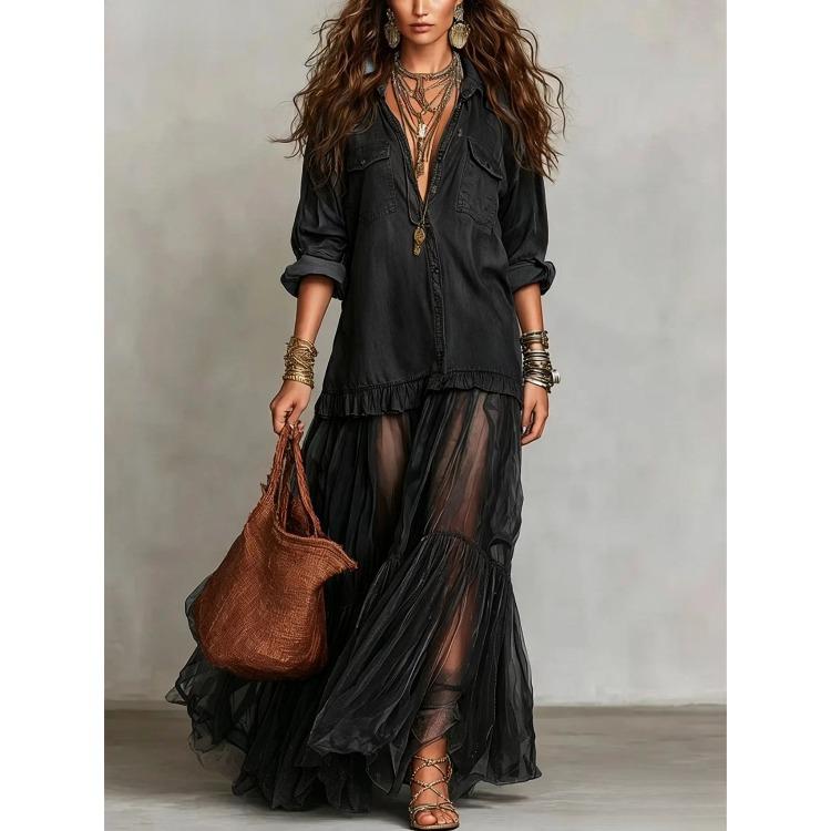 Women Denim Print Mesh Maxi Dress Casual V Neck Long Sleeve Tiered Ruffle Beach Vacation Dress