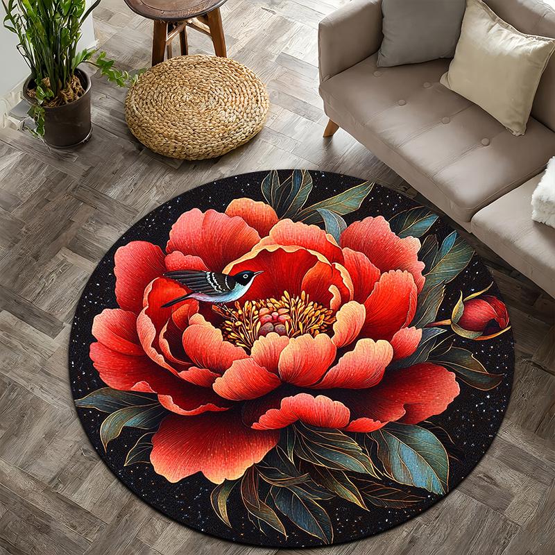 Red Peony & Bird Style Flannel-printed round floor mats are slip-resistant Suitable living room bedroom terrace garden carpets