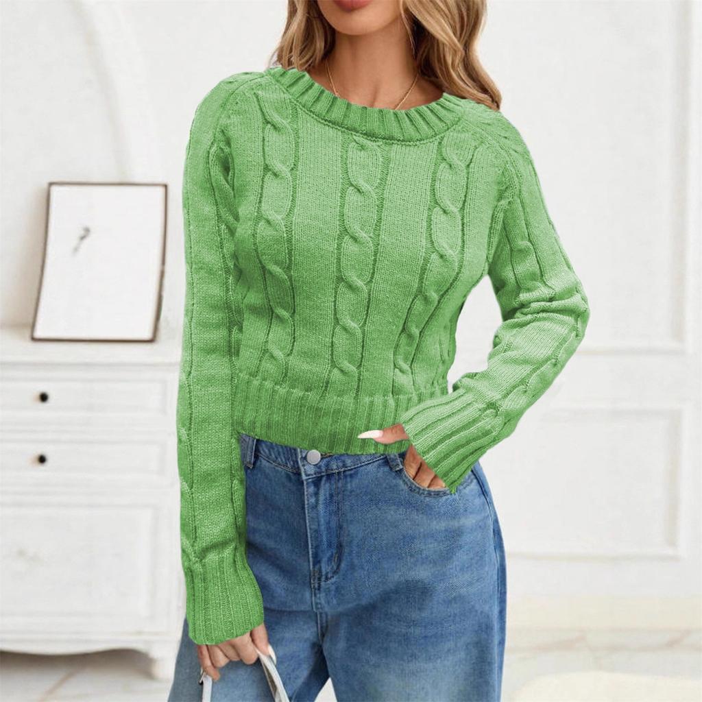Women's Fashion Solid Color Round Neck Knitted Pullover Long Sleeve Sweater