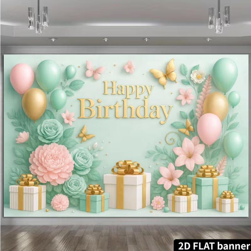 2D Mint Green & Pink Floral Happy Birthday Backdrop Banner Photography Background