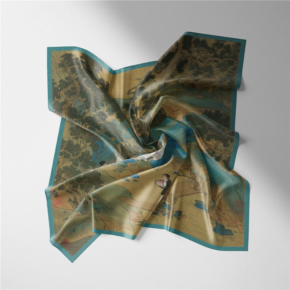 53CM Twill Silk Scarf  China Style Painting Square Scarves Wraps Bandana Small Hijab Silk Foulards Tie Headband Neckerchief