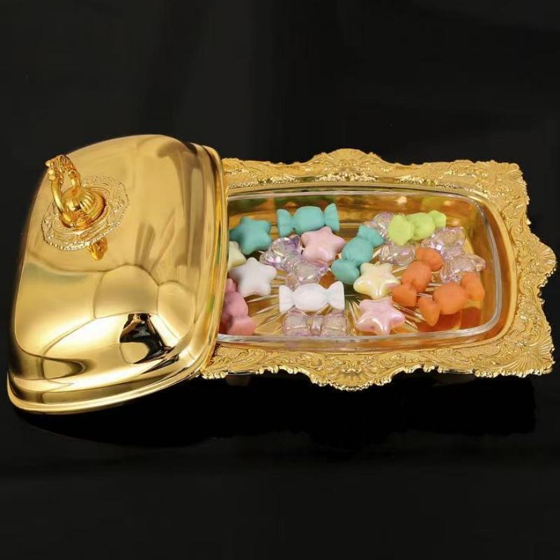 European Fruit Butter Cheese Tray,With lid Metal Bark Texture Shape Exquisite Golden Cake Plate,Snack Plate Wedding Decoration