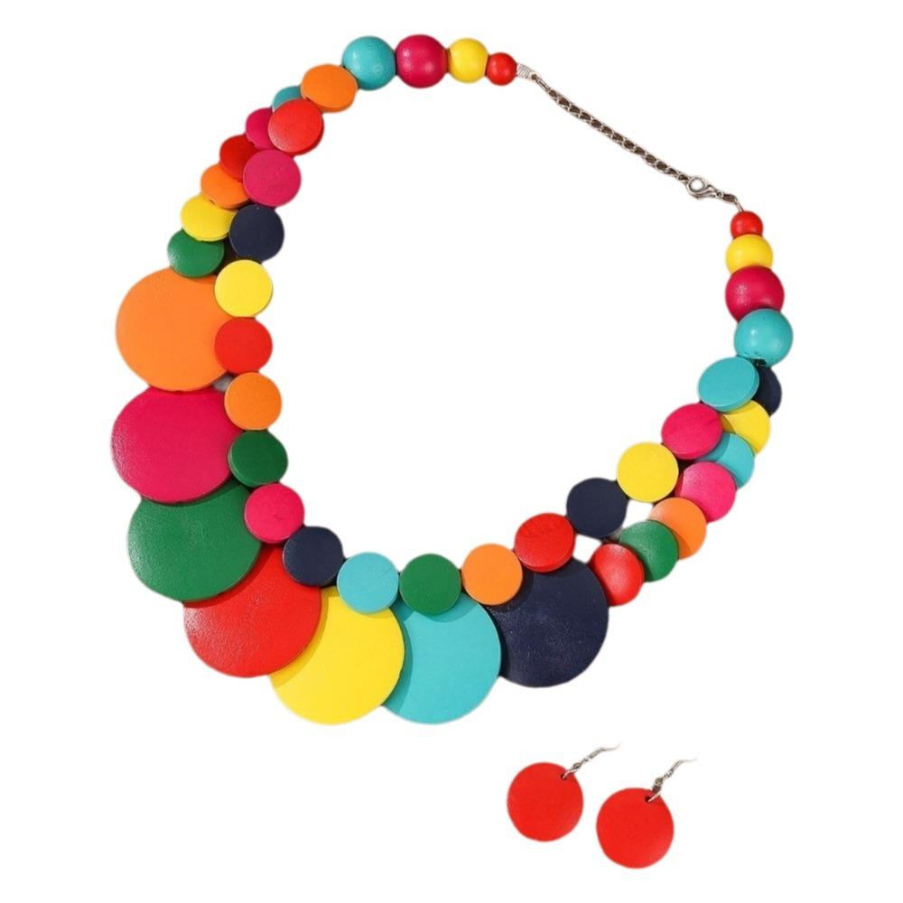 Necklace Wooden Beaded Necklace Double-layer Jewelry Set Exaggerated Round Necklace Beach