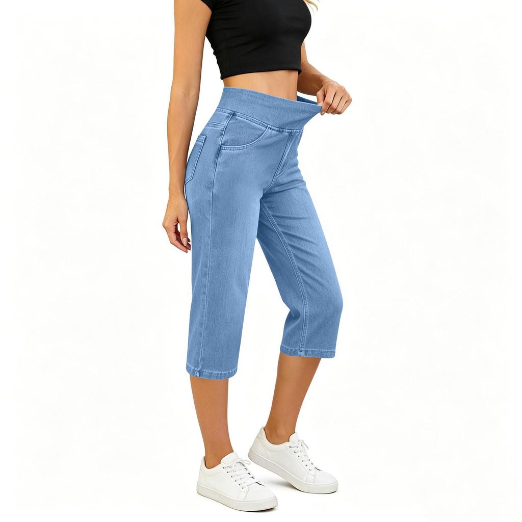High Waist Denim Capri-Hosen für Damen Gerades Bein Lässig Taschen-Design Dehnbarer Bund Bequeme Passform